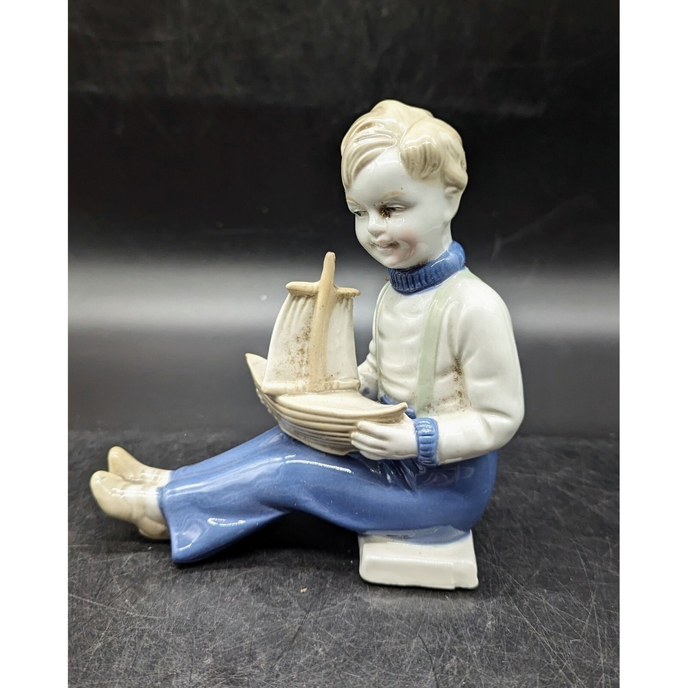 Vintage Hand Painted Blue & White Boy With Sailboat Figurine Germany GDM 5.25"‎